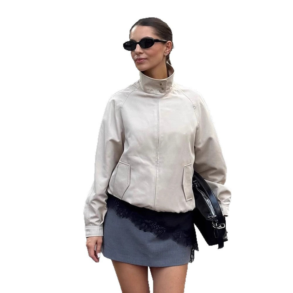 Women Lightweight Tailored Cropped Bomber with High Stand Collar and Raglan Sleeves Chichicherry