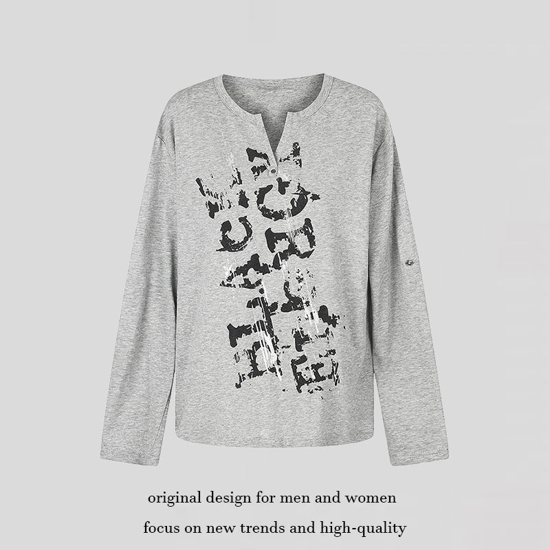 Women Long Sleeve Shirt with Notch Neckline and Vintage Print Chichicherry