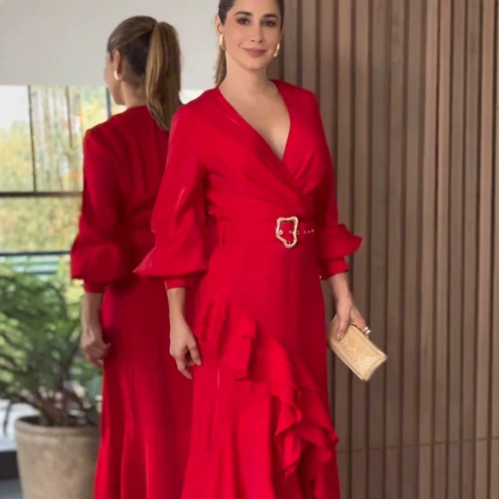 Women's Elegant Wrap Maxi Dress with Ruffles, Fitted Belt & Wide Bell Sleeves Chichicherry