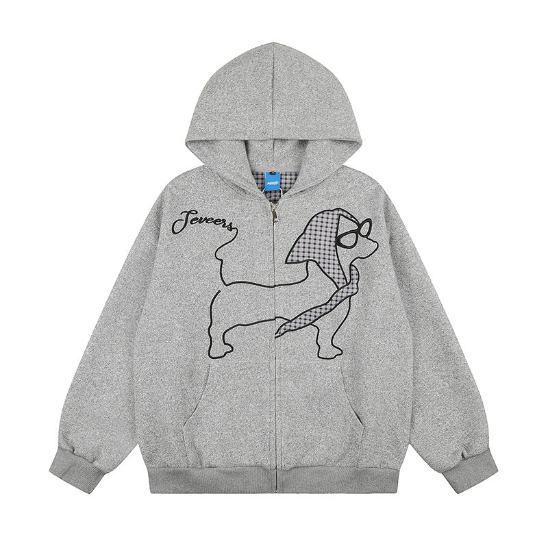 Women's oversized zip hoodie with embroidered dachshund illustration and gingham detail Chichicherry