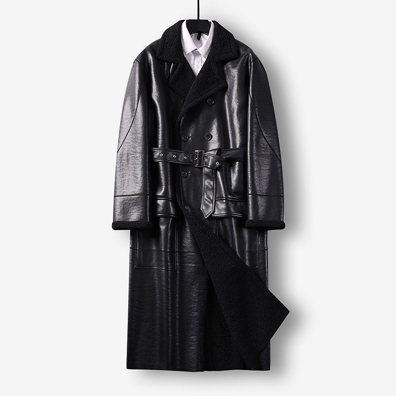 Men's Maxi-length Faux Leather Coat with Teddy Lining, Double-breasted Button Placket and Waist Belt Chichicherry