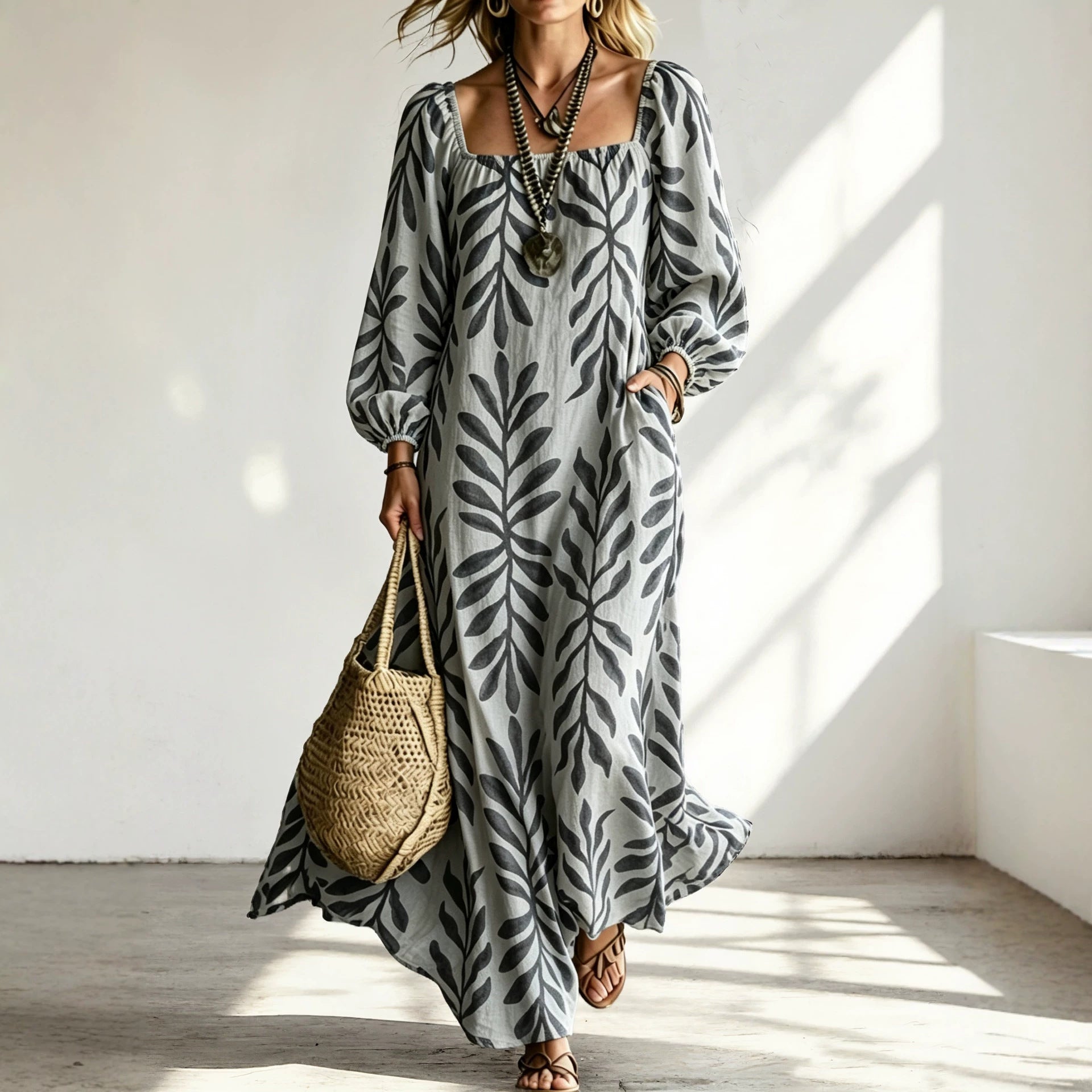 Women's maxi dress with square neckline, balloon sleeves and botanical print Chichicherry