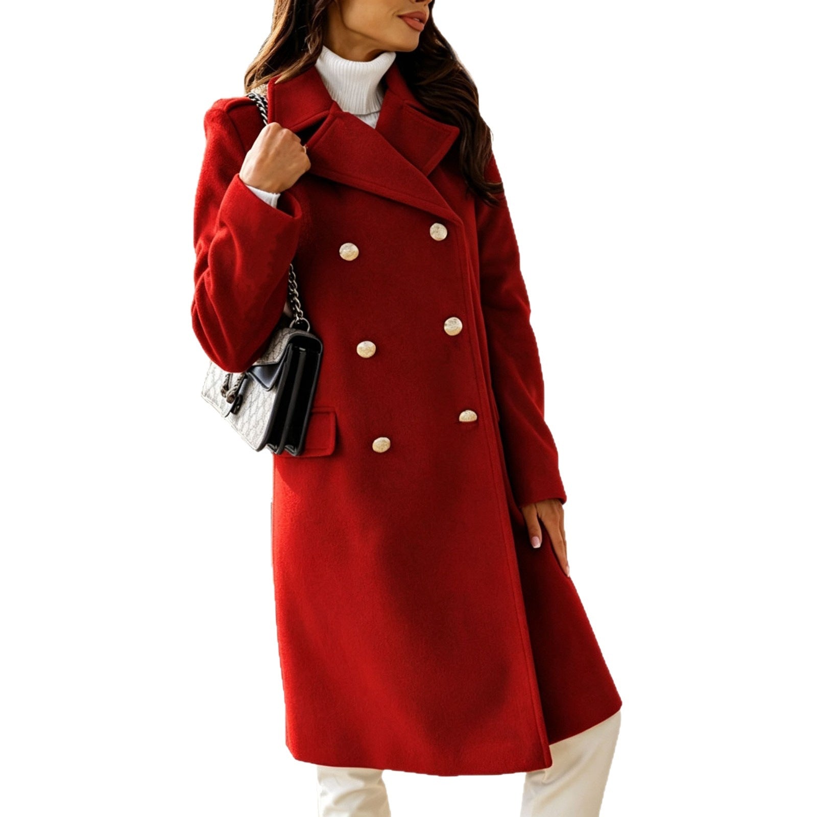 Ladies Elegant double-breasted wool blend coat with fitted silhouette and decorative metal buttons Chichicherry