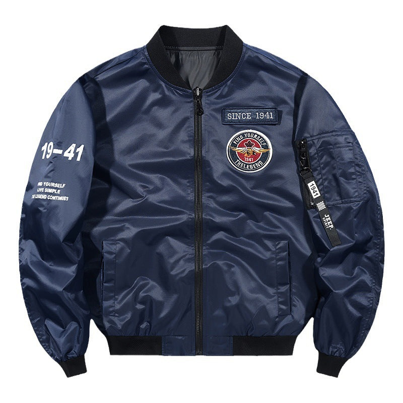 Men's Lightweight Nylon Bomber Jacket in Aviator Style with Patch Details and Arm Pocket Chichicherry
