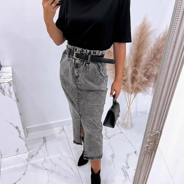 Women's High-Waisted Paperbag Denim Midi Skirt with Front Slit and Tied Belt Chichicherry