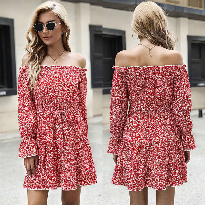 Women off-shoulder floral dress with bardot neckline, belted waist and ruffled hem