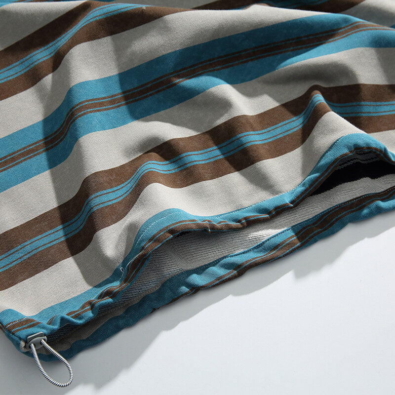 Men's Oversized Striped Sweatshirt with Drawstring Hem and Round Neck Chichicherry