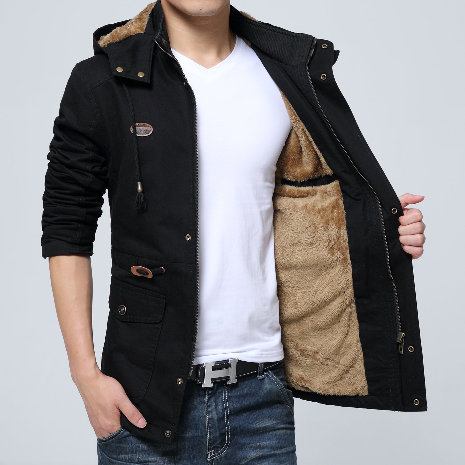Men's lightweight utility parka with hood, teddy lining in collar and vertical zip pocket Chichicherry