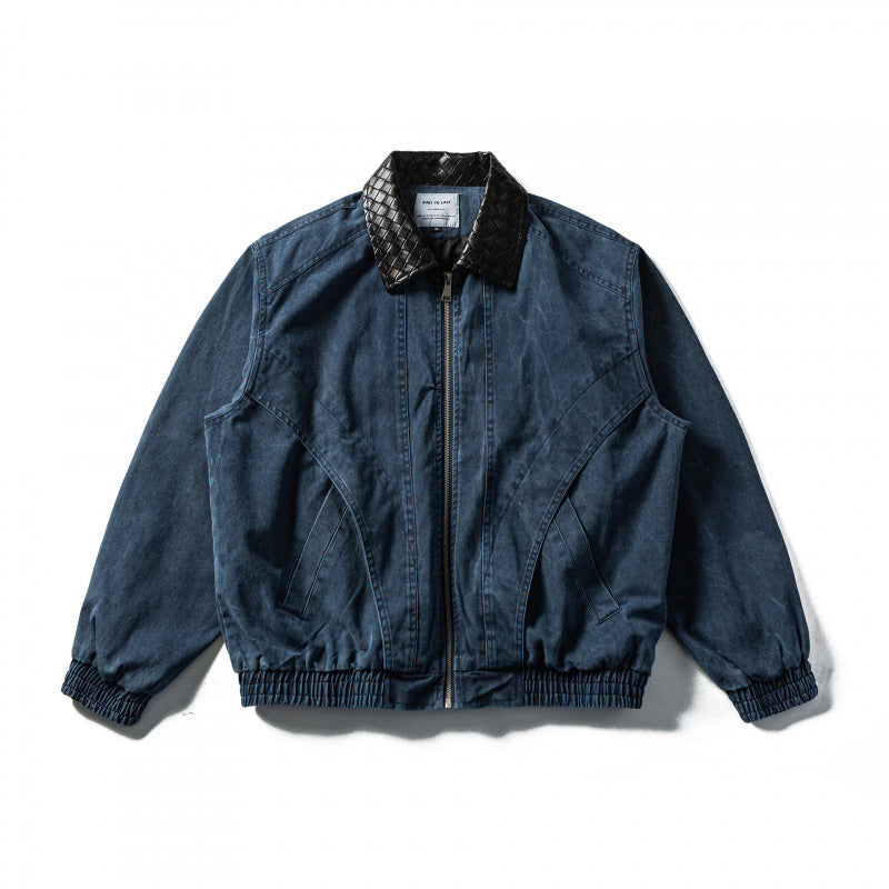 Men's Boxy Denim Blouson Jacket with Quilted Leather Collar and Elastic Cuffs Chichicherry