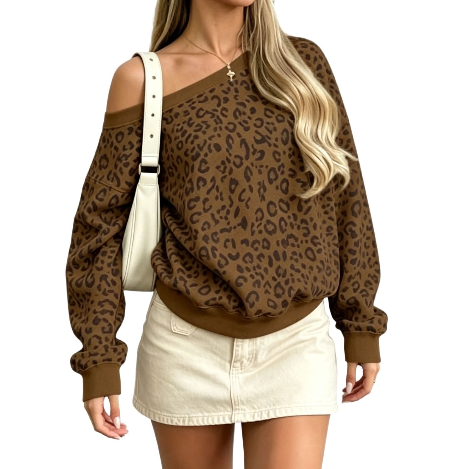 Women's Off-the-Shoulder Leopard Print Sweatshirt with Oversize Cut