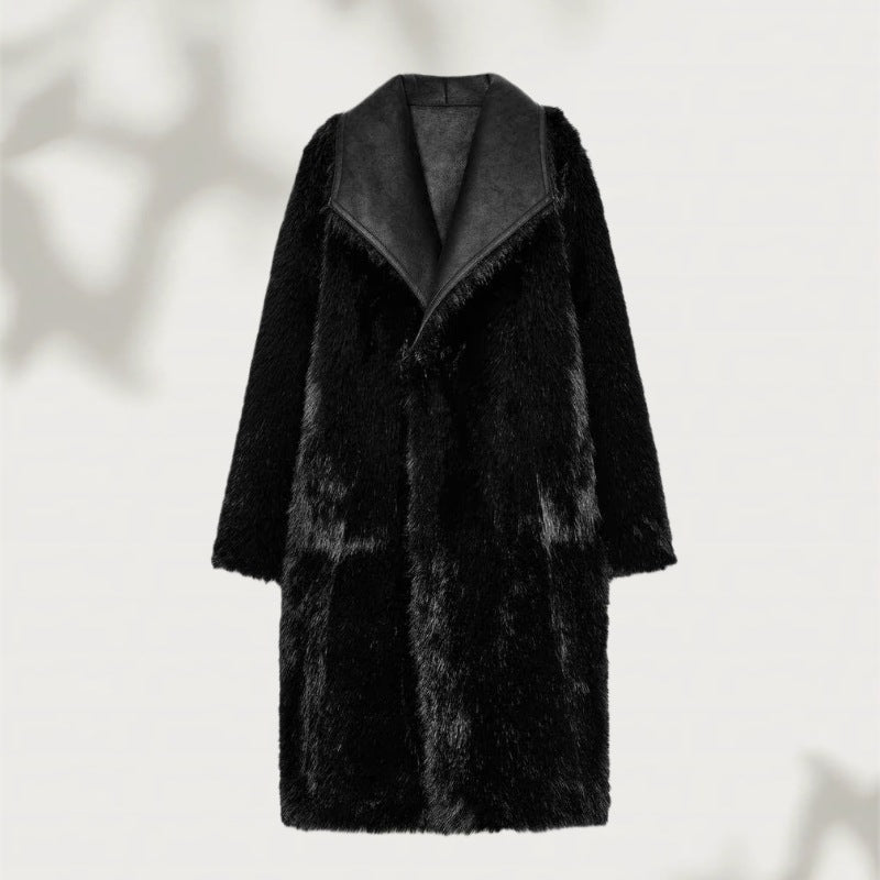 Women's Long Faux Fur Shearling Coat with Oversized Shawl Collar and Patch Pockets Chichicherry