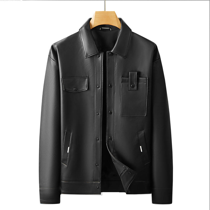 Men's Faux Leather Overshirt Jacket with Utility Chest Pocket and Snap Button Placket Chichicherry