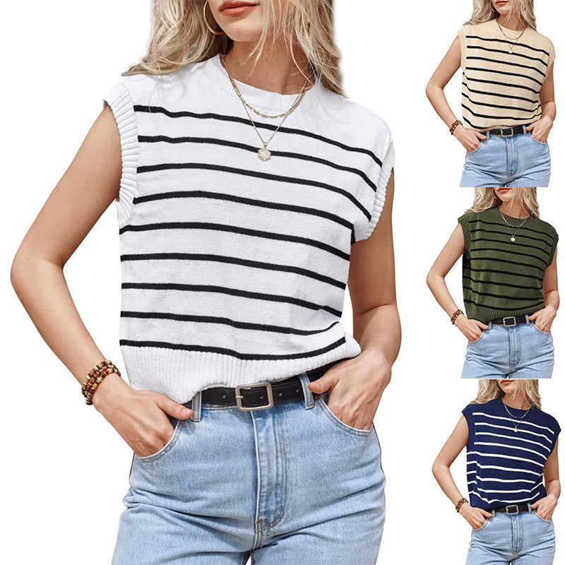 Women's Striped Fine Knit Vest with Round Neckline and Dropped Shoulder Chichicherry