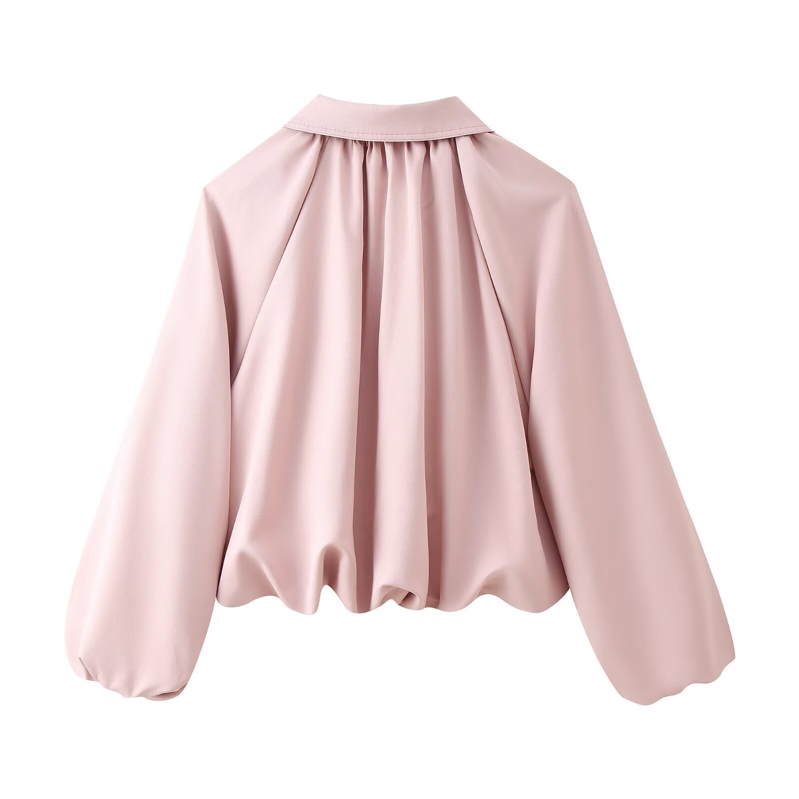 Women's Cropped Bomber Jacket with Shirt Collar, Zipper and Gathered Hem Chichicherry