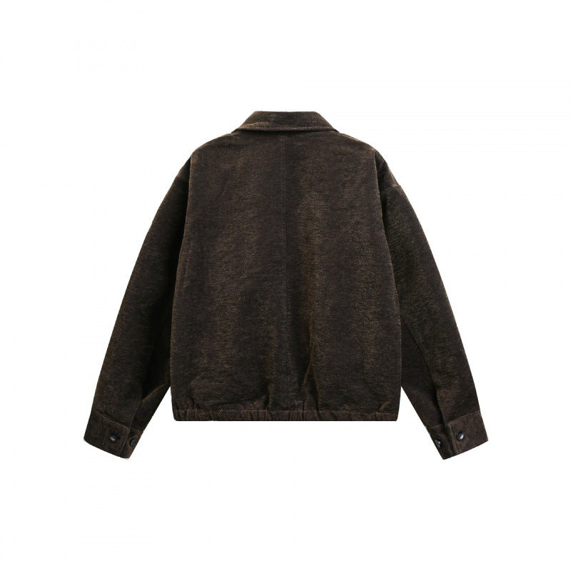 Men's short jacket made of teddy fleece with shirt collar, zipper, and elastic hem Chichicherry