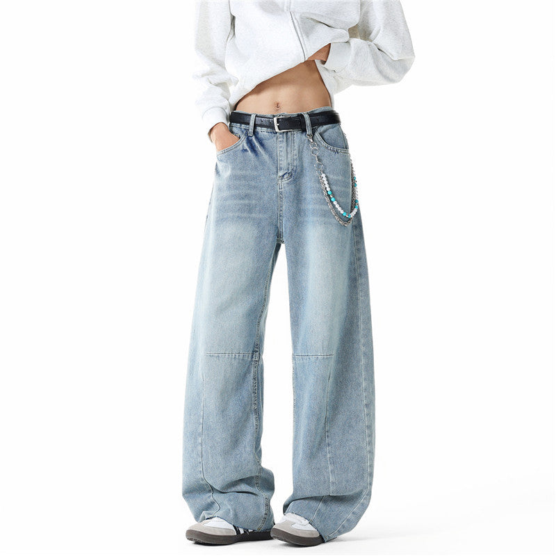 Men's wide-cut baggy jeans with high rise, knee darts, and distressed wash Chichicherry