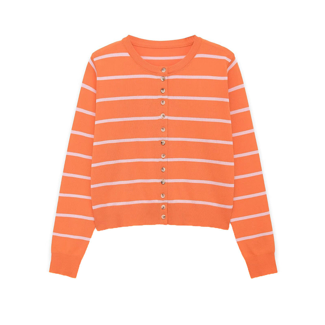 Women's Short-Cut Fine Knit Cardigan with Horizontal Stripes and Mother-of-Pearl Buttons Chichicherry