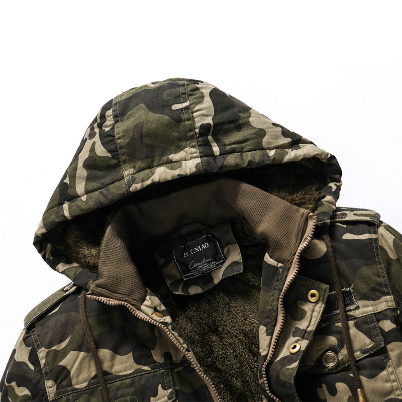 Men's Hooded Camouflage Field Jacket with Teddy Lining, Multiple Pockets and Ribbed Cuffs Chichicherry