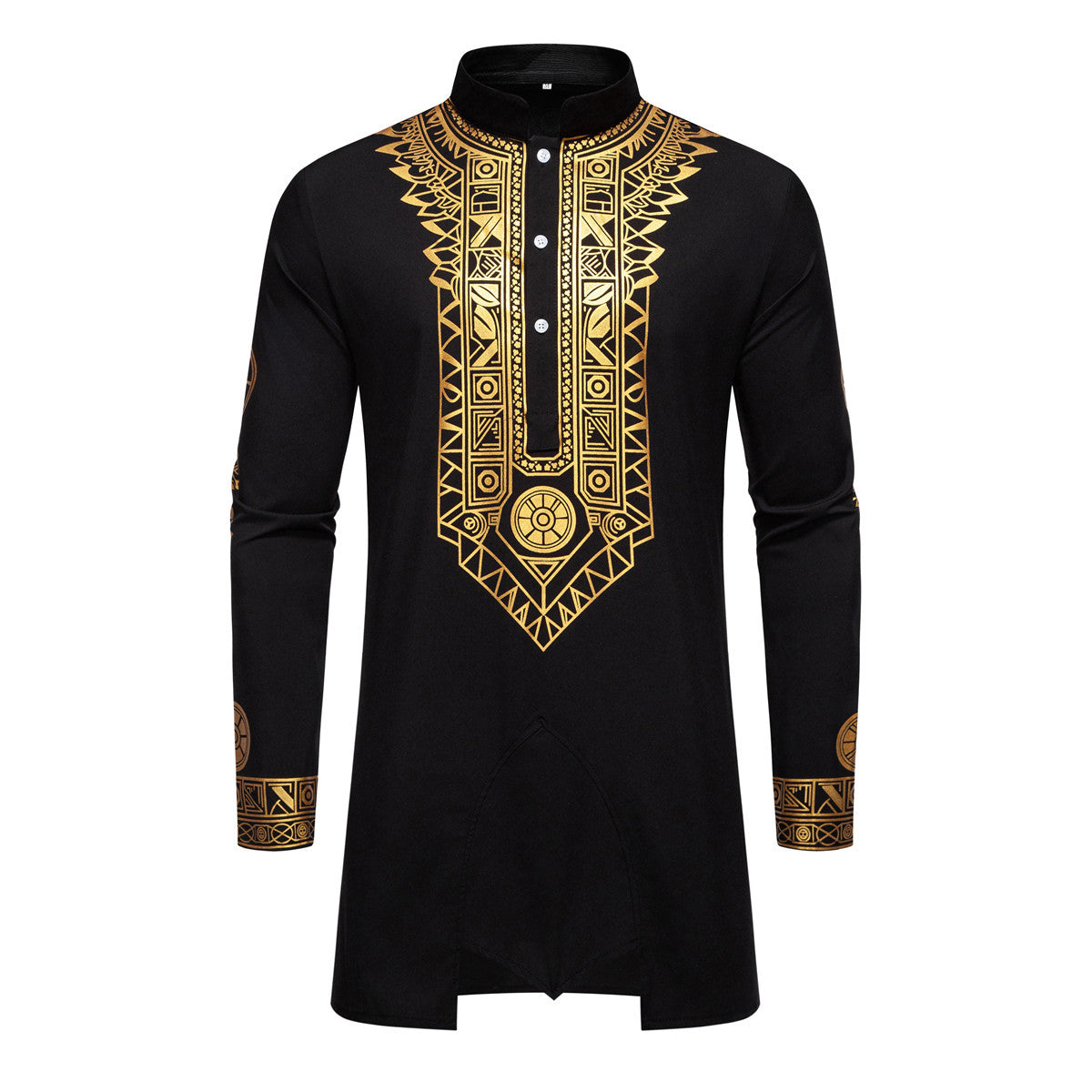 Men's Traditional Long Sleeve Kurta Set with Stand Collar, Gold Ornament Print and Drawstring Pants Chichicherry