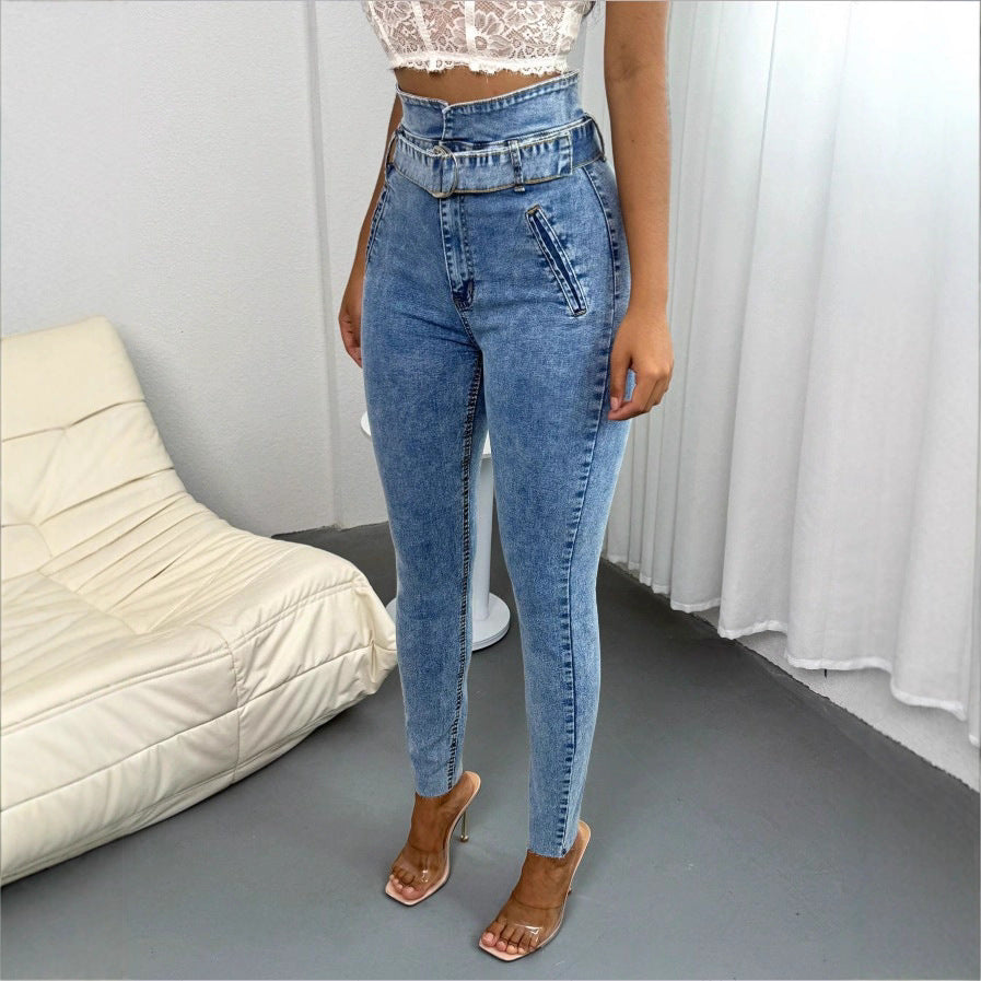 Women's High-Waisted Slim-Skinny Jeans with D-Ring Belt and Diagonal Slip Pockets Chichicherry