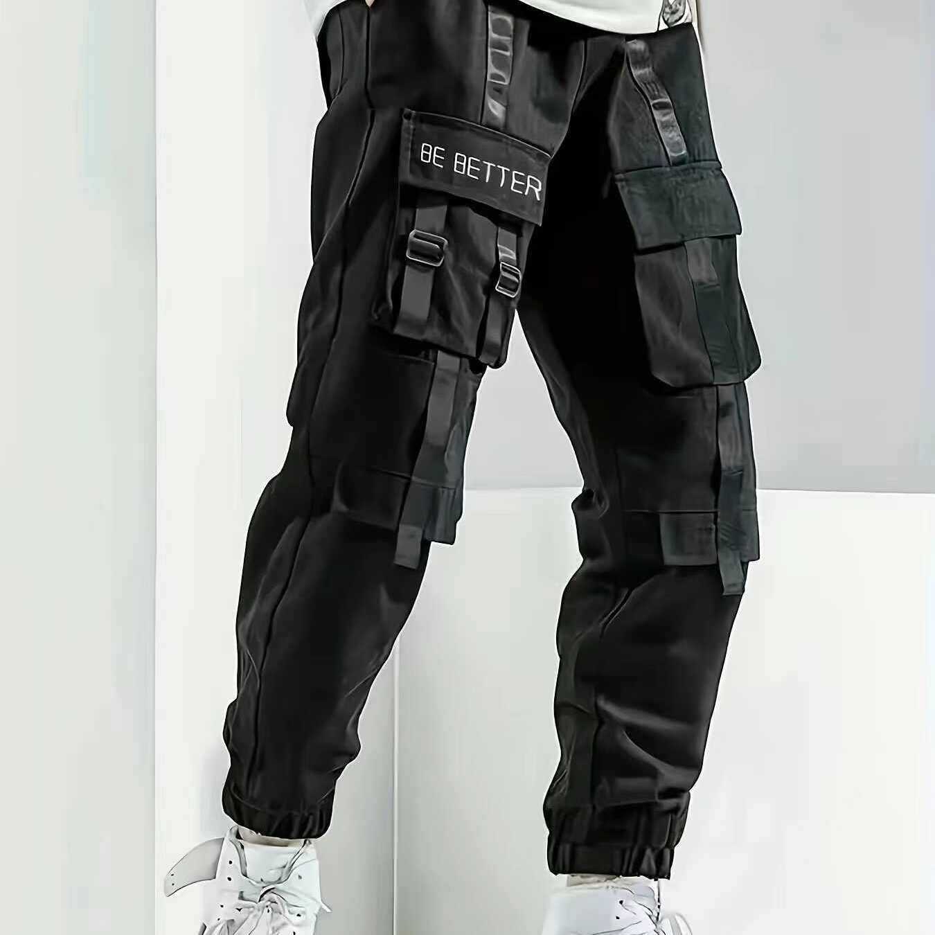 Men's utility cargo jogger pants with multiple pockets, decorative belts & drawstring waistband Chichicherry