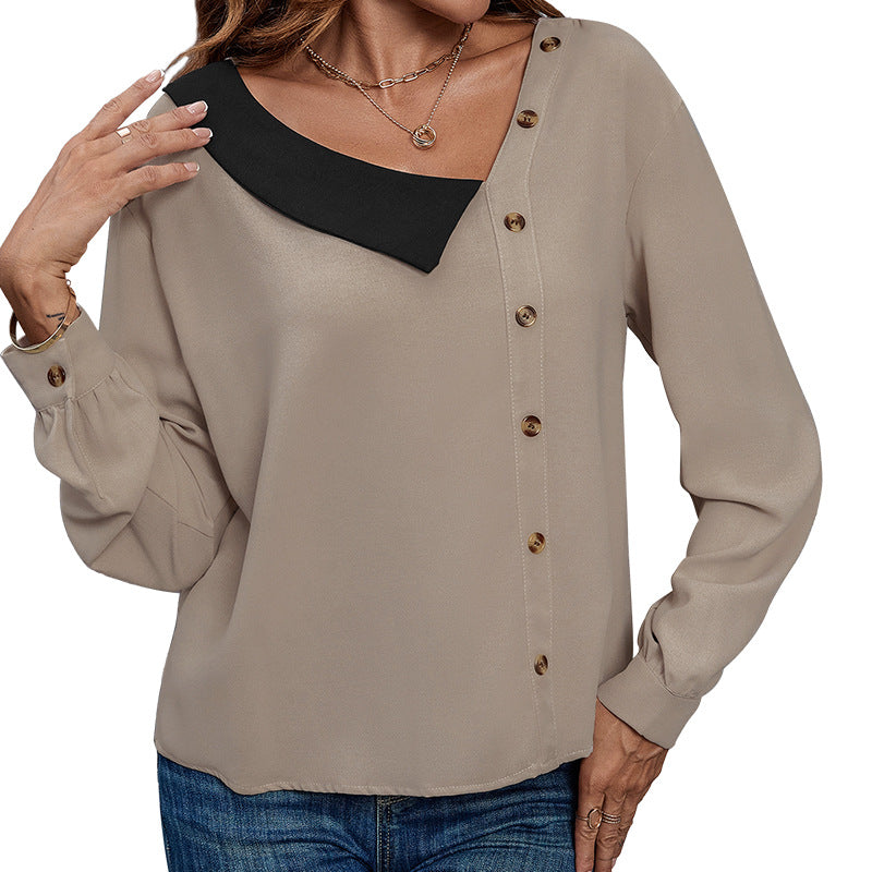 Women's Asymmetric Chiffon Blouse with Contrast Pointed Collar and Side Button Placket Chichicherry