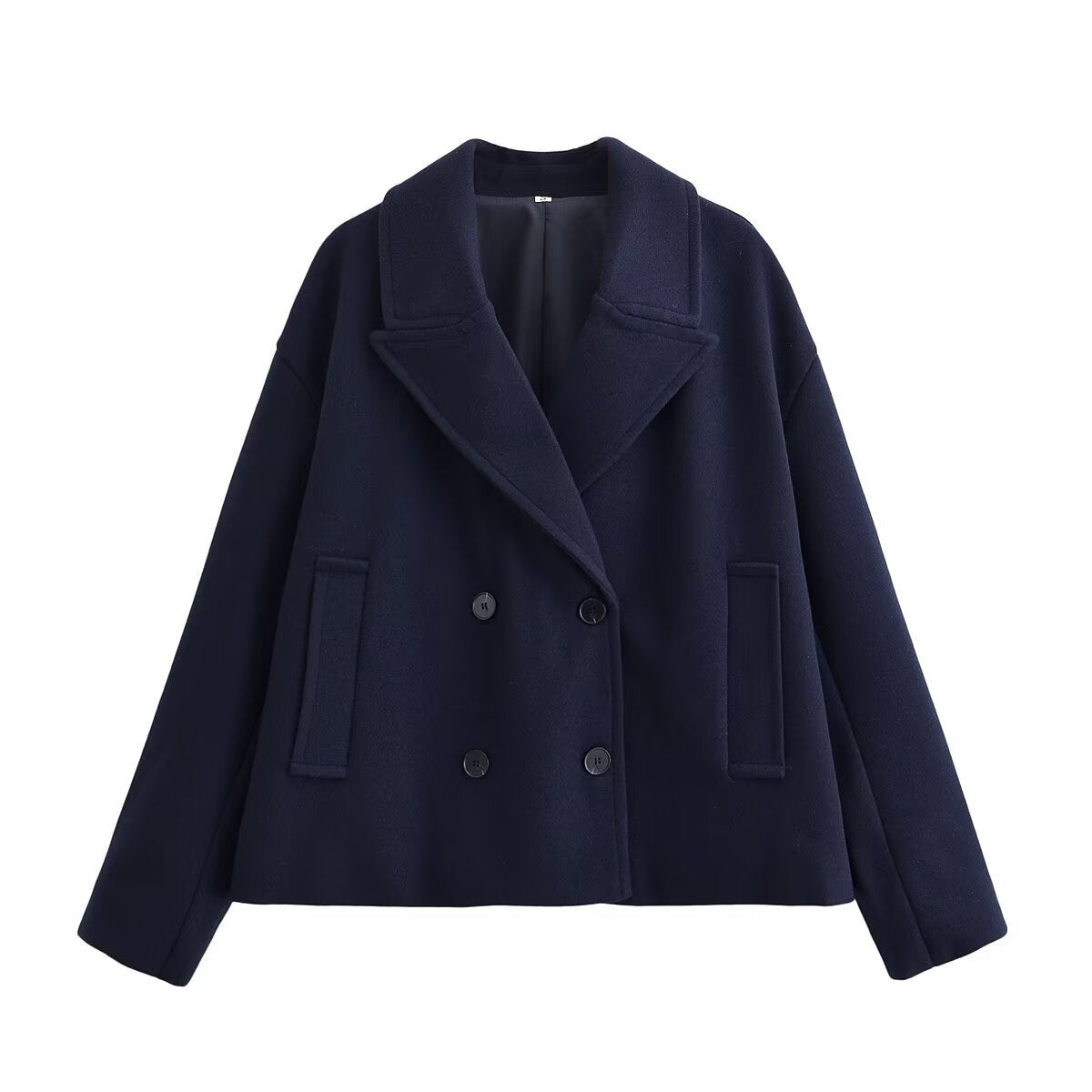 Women short cut wool blend peacoat with wide lapels and side pockets Chichicherry
