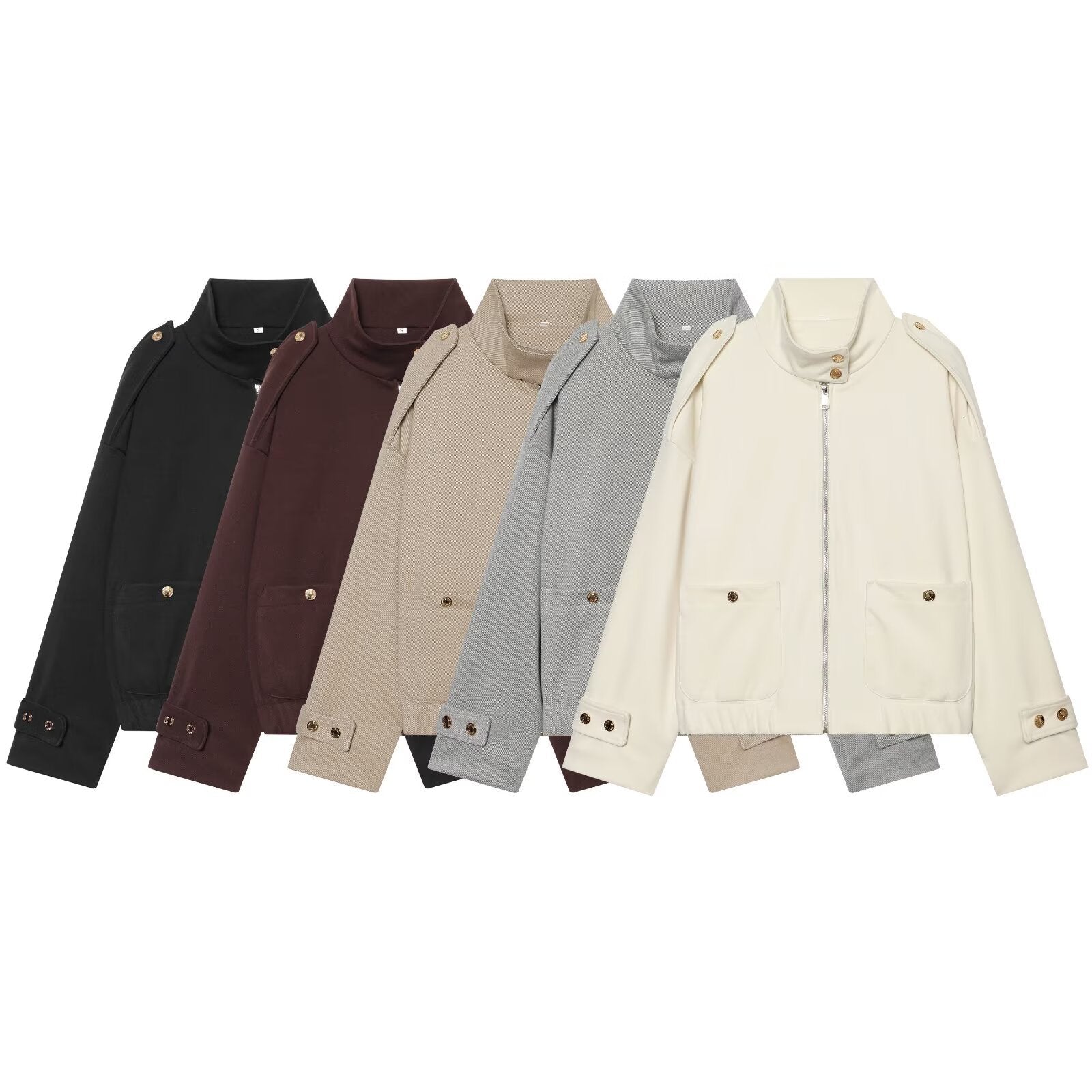 Women Cropped Utility Jacket with high collar, shoulder epaulettes and flap pockets