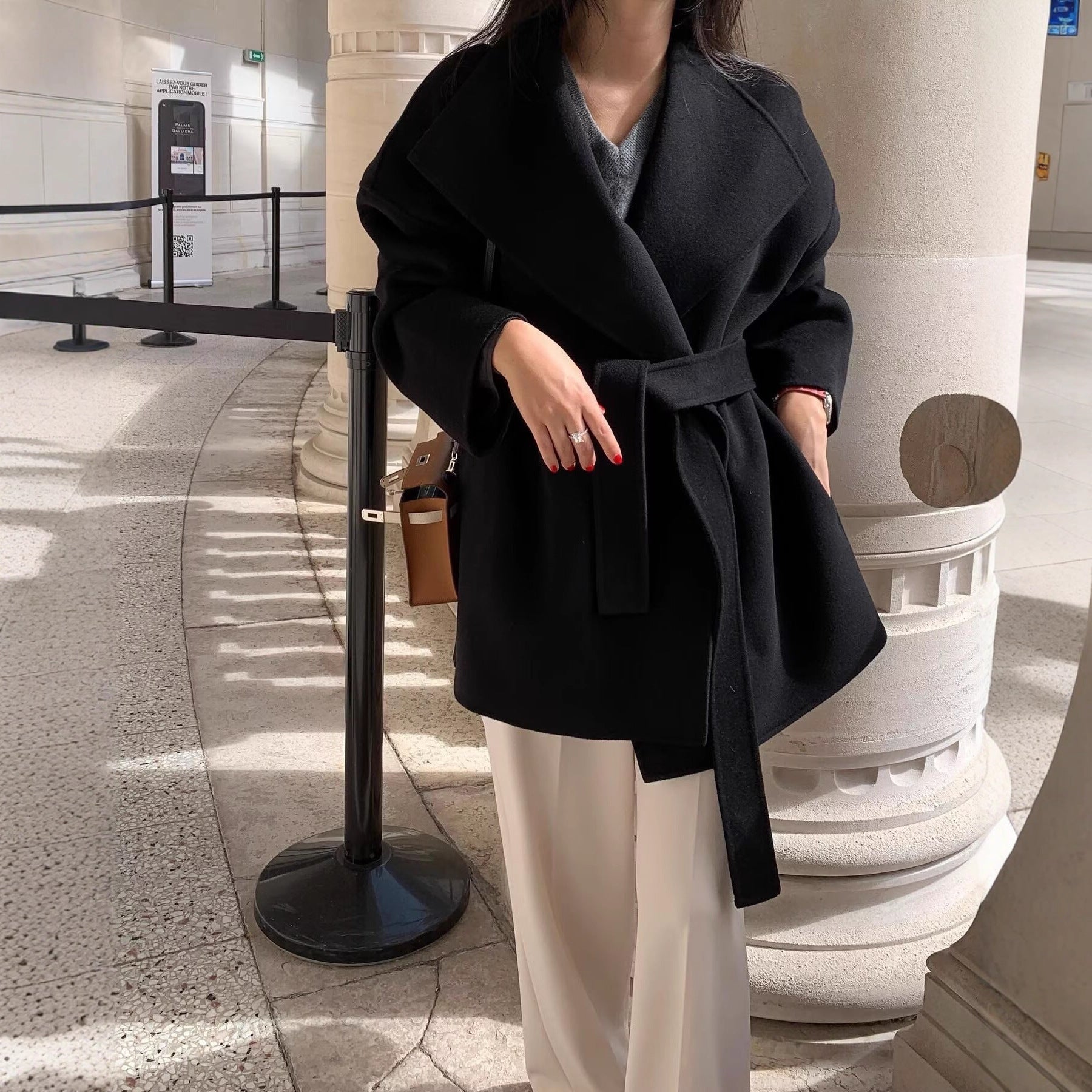 Women's Short Wrap Coat with Oversized Shawl Collar and Tie Belt Chichicherry