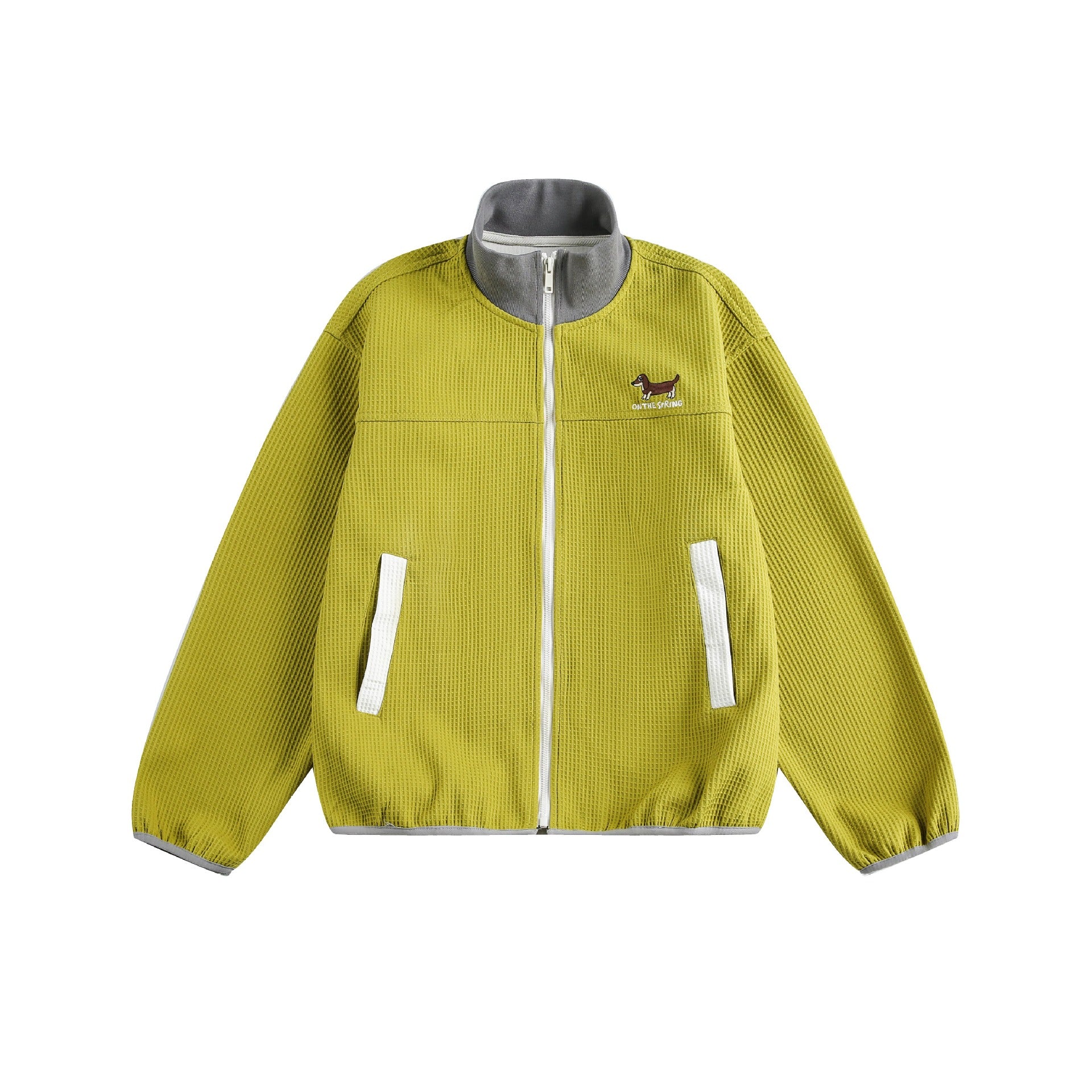 Women’s waffle structure zip jacket in boxy cut with stand-up collar and dog embroidery Chichicherry