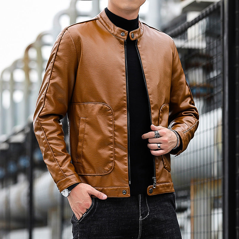 Men's Faux Leather Blouson with Stand Collar, Zipper and Patch Pockets Chichicherry