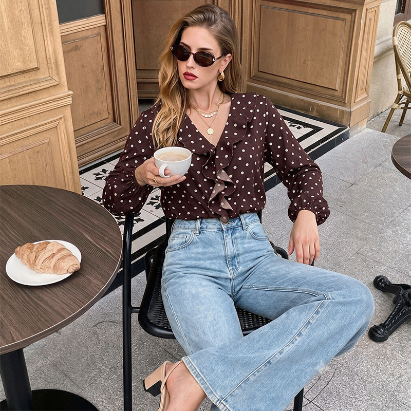 Women Polka Dot Ruffled Blouse with V-Neck, Long Sleeves and Elastic Cuffs Chichicherry
