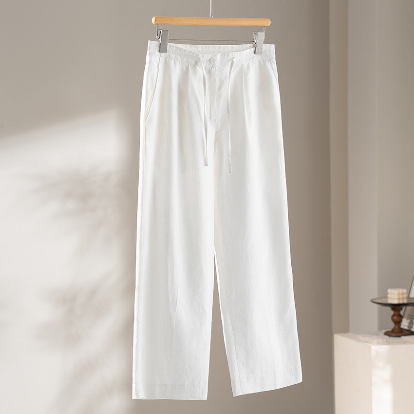 Ladies culotte-like linen trousers with drawstring, pleats and straight leg Chichicherry