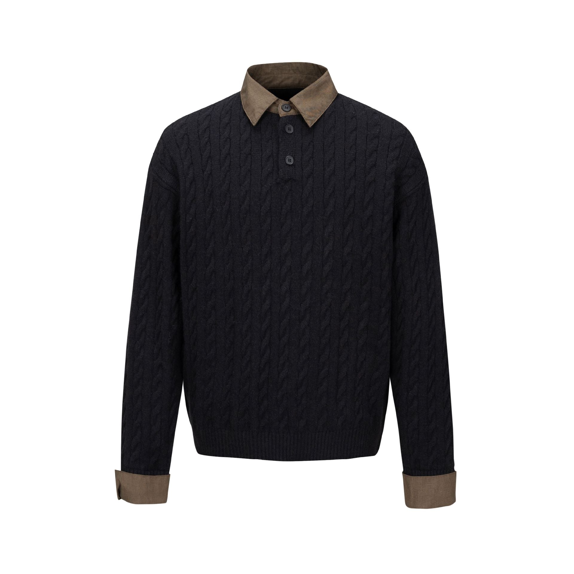 Men's Structured Knit Sweater with Integrated Shirt Collar and Three-Button Placket Chichicherry