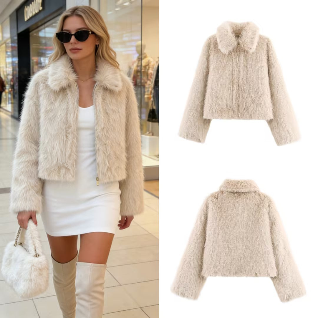 Ladies Short Fluffy Faux Fur Jacket with Lapel Collar and Straight Hem Chichicherry