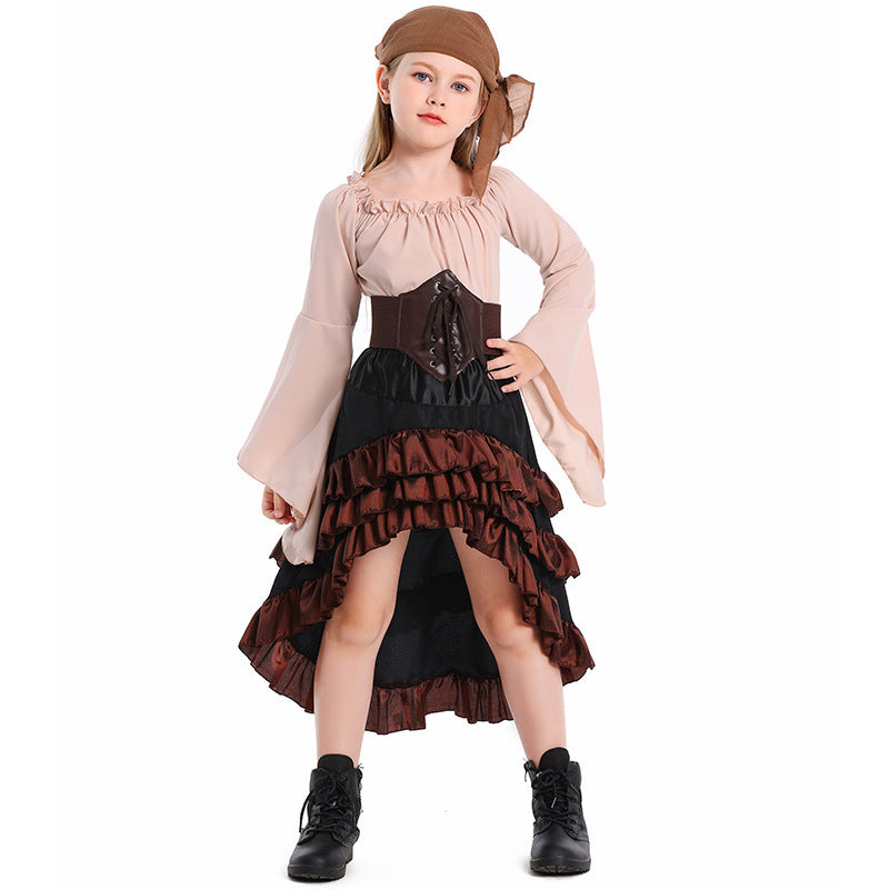 Girls Pirate Costume with Swinging Skirt and Detail-Loving Top Chichicherry