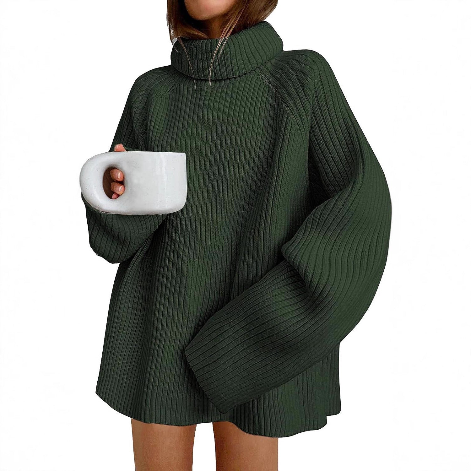 Women’s Oversize Pullover Dress made of Rib Knit with High Roll Neck and Voluminous Sleeves Chichicherry