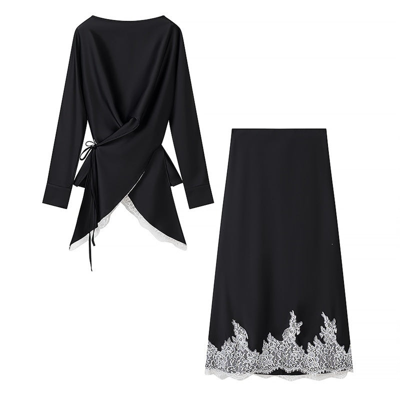 Women's Two-Piece Satin Set with Wrap Blouse, Lace Trim and A-Line Maxi Skirt Chichicherry