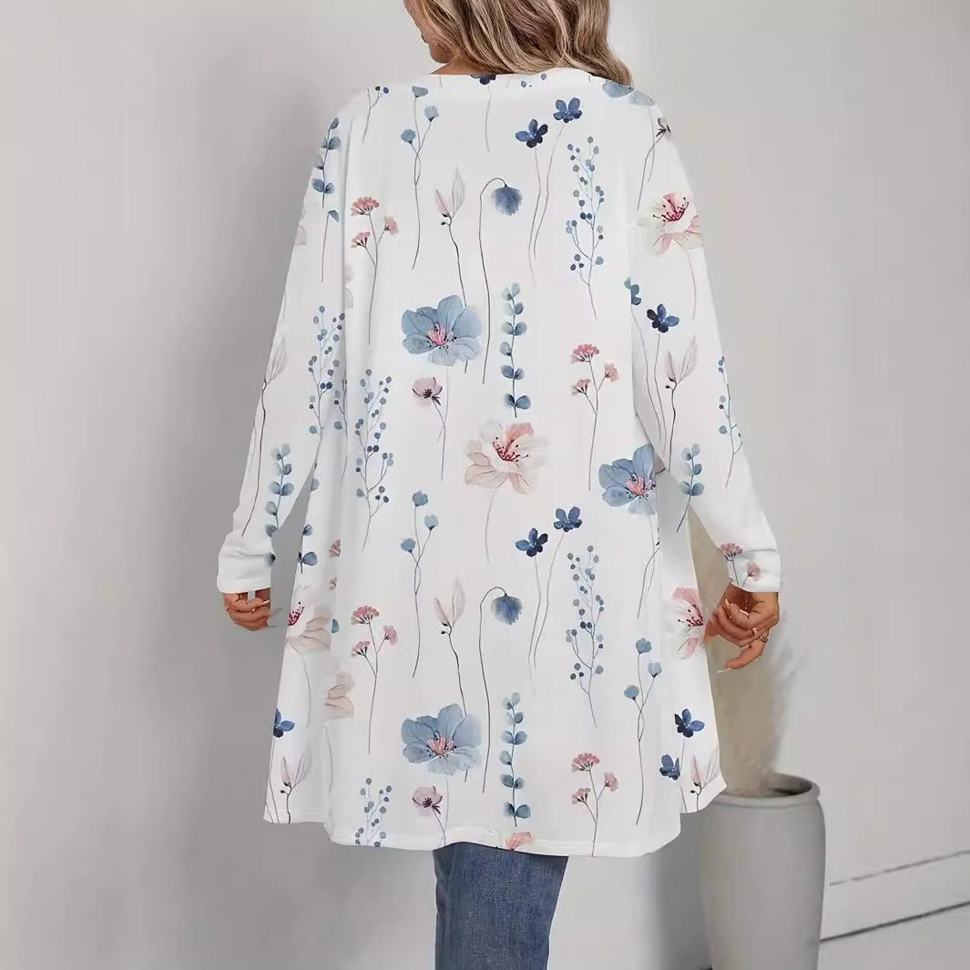 Ladies Floral Longline Cardigan with Open Cut and Light Viscose Mix Chichicherry