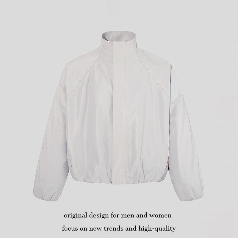 Women's cropped stand collar blouson jacket with elastic hem and concealed zipper Chichicherry