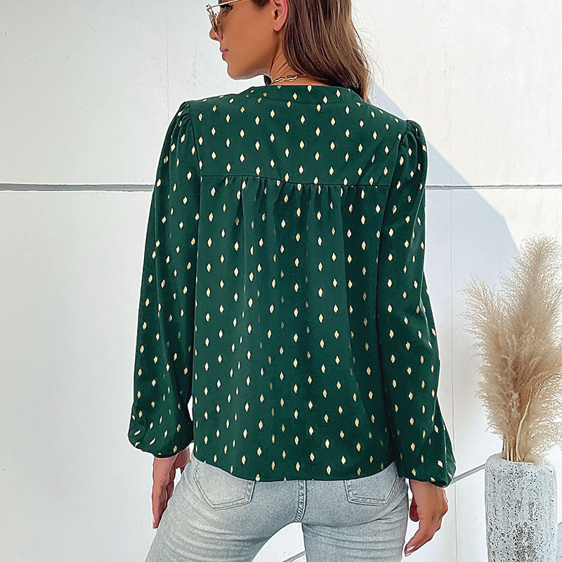 Women's Lightweight Viscose Blouse with Delicate Ikat Print, Stand Collar and Decorative Button Placket Chichicherry