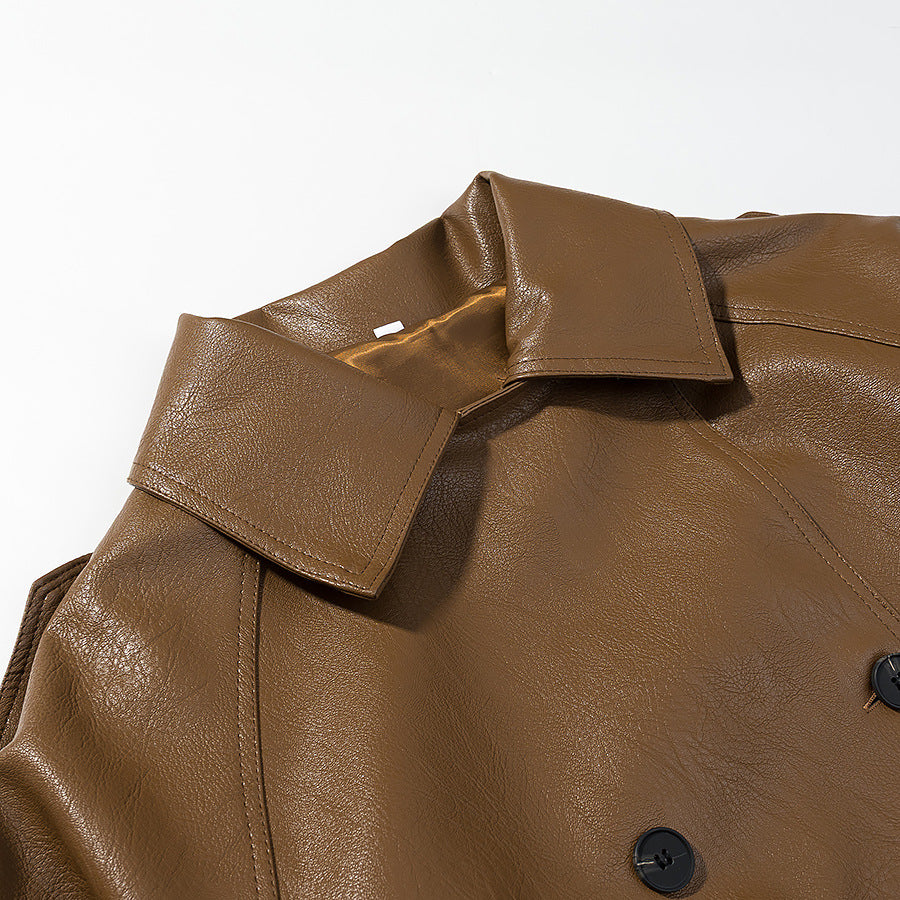 Women's Short Cut Faux Leather Trench Coat with Tie Belt and Shoulder Straps Chichicherry