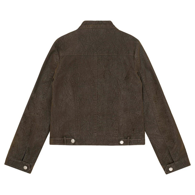 Women's biker jacket made of synthetic leather with asymmetrical zipper and stand-up collar Chichicherry