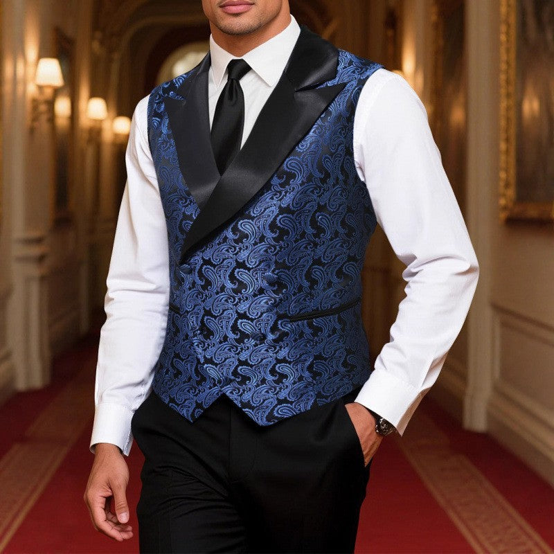 Men's Satin Paisley Vest with Shawl Collar and Tailored Tuxedo Look Chichicherry