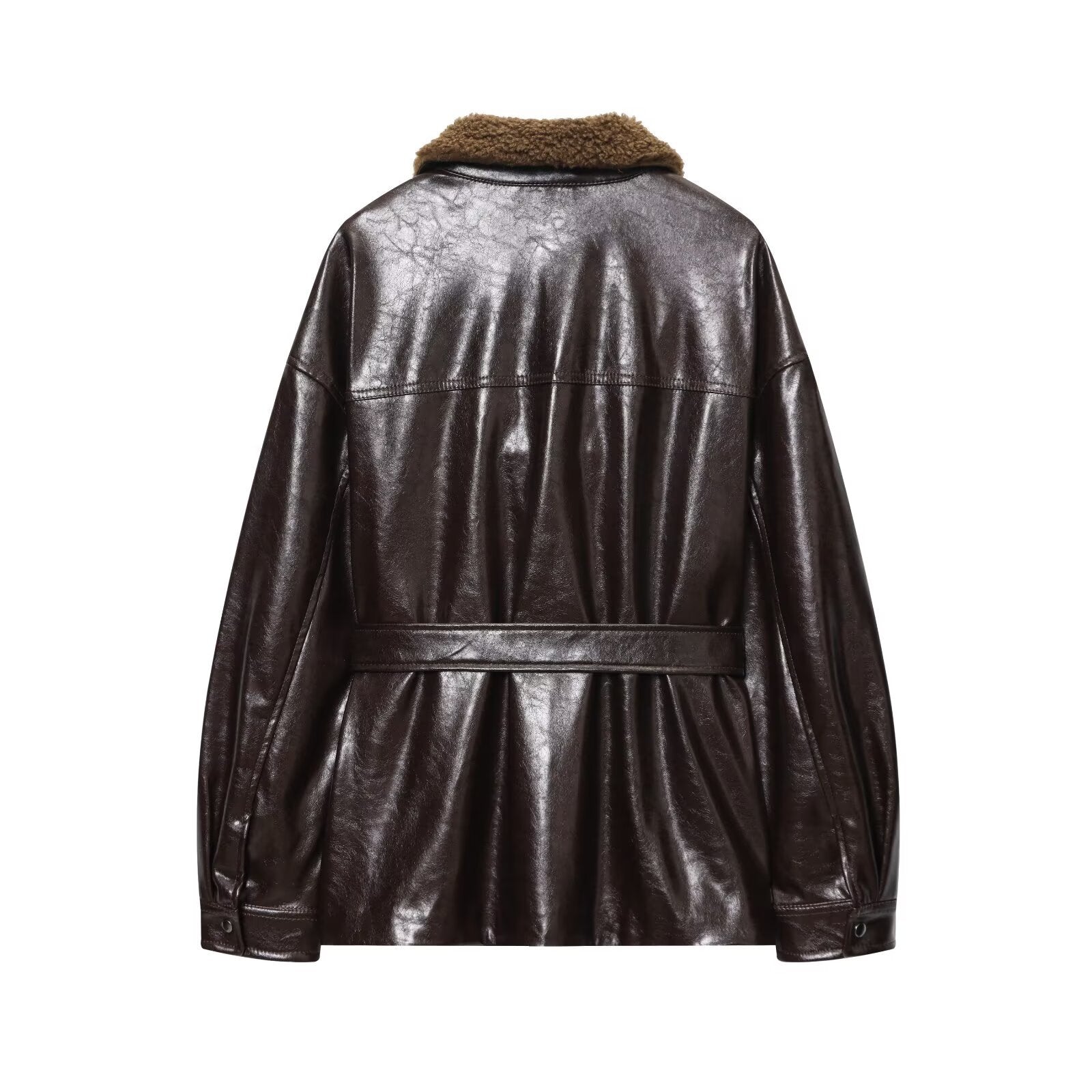 Women's Oversized Faux Leather Jacket with Teddy Collar and Waist Belt Chichicherry
