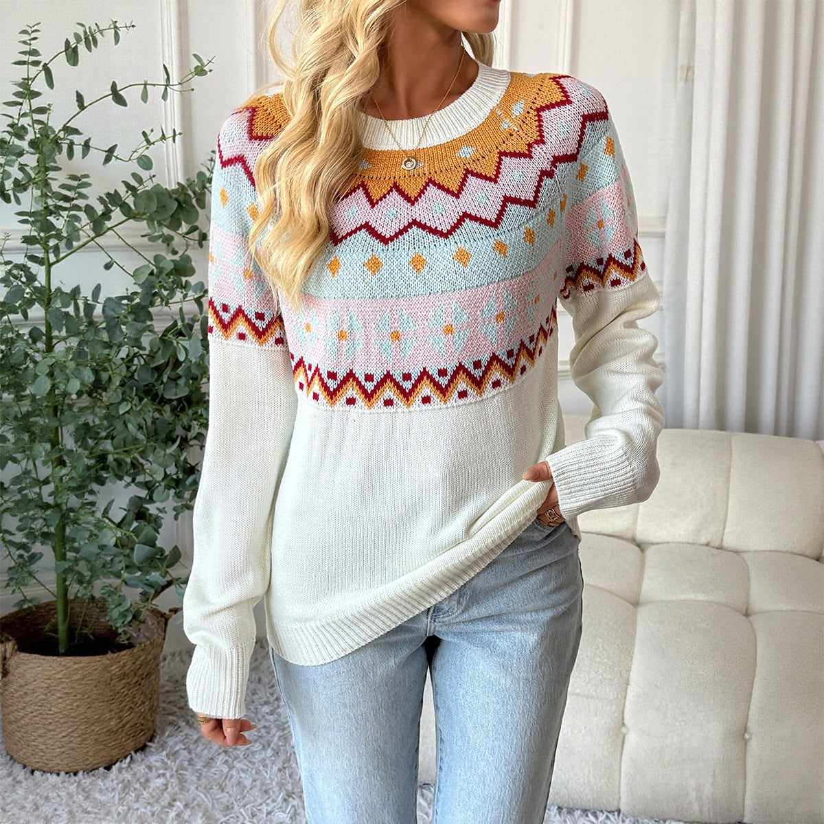 Women's Fair-Isle Knit Sweater with Round Neck, Long Sleeve & Relaxed Fit Chichicherry