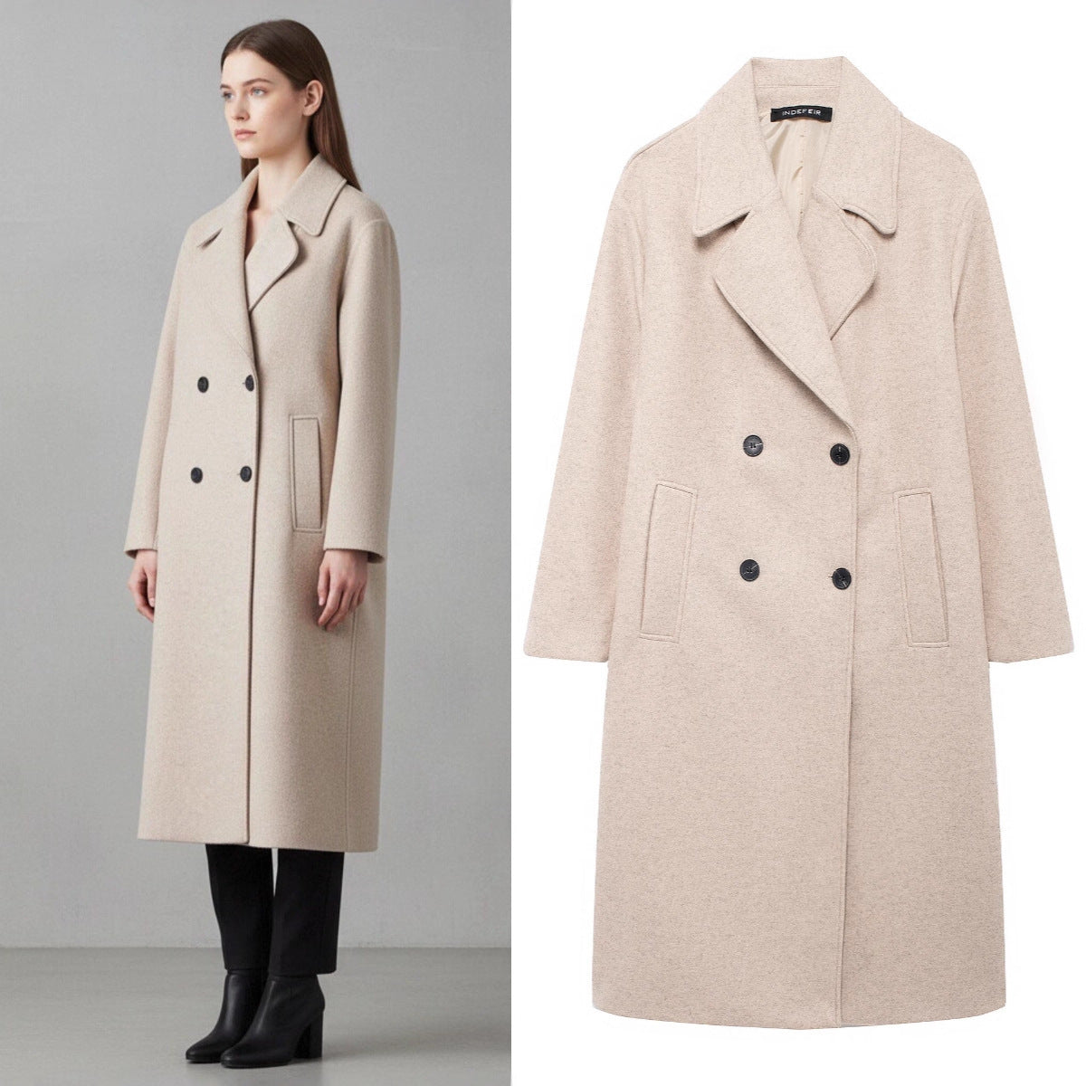 Women's Double-Breasted Wool Blend Coat with Oversized Cut and Lapel Collar Chichicherry