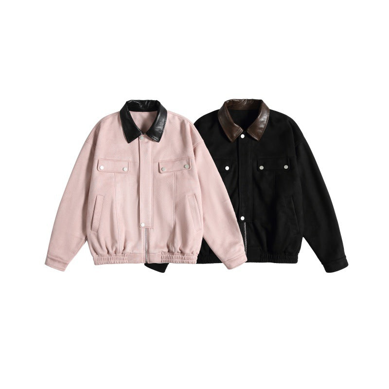 Women's short cut boxy bomber jacket with contrasting faux leather collar Chichicherry