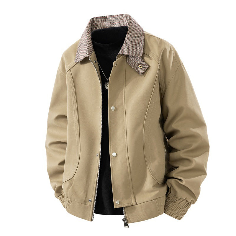Men's Light Canvas Blouson with Check Collar, Zipper and Snap Button Placket Chichicherry