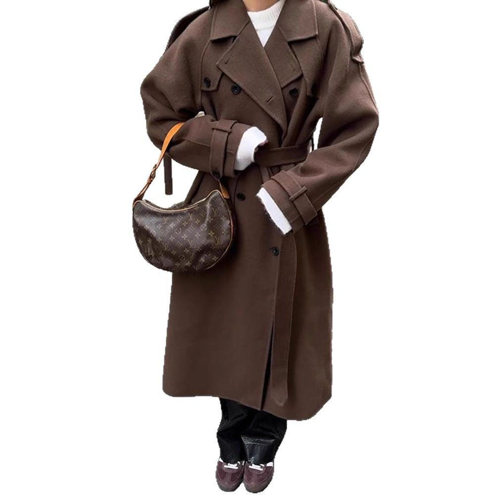 Women's Long Wool Blend Coat with Wide Lapels, Epaulettes and Adjustable Sleeve Straps Chichicherry